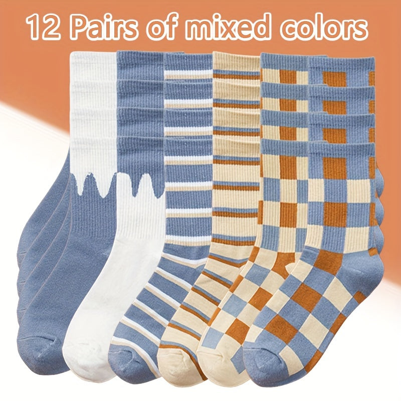 12 Pairs Striped & Plaid Print Mid Tube Socks Women's Stockings