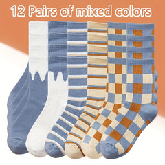 12 Pairs Striped & Plaid Print Mid Tube Socks Women's Stockings