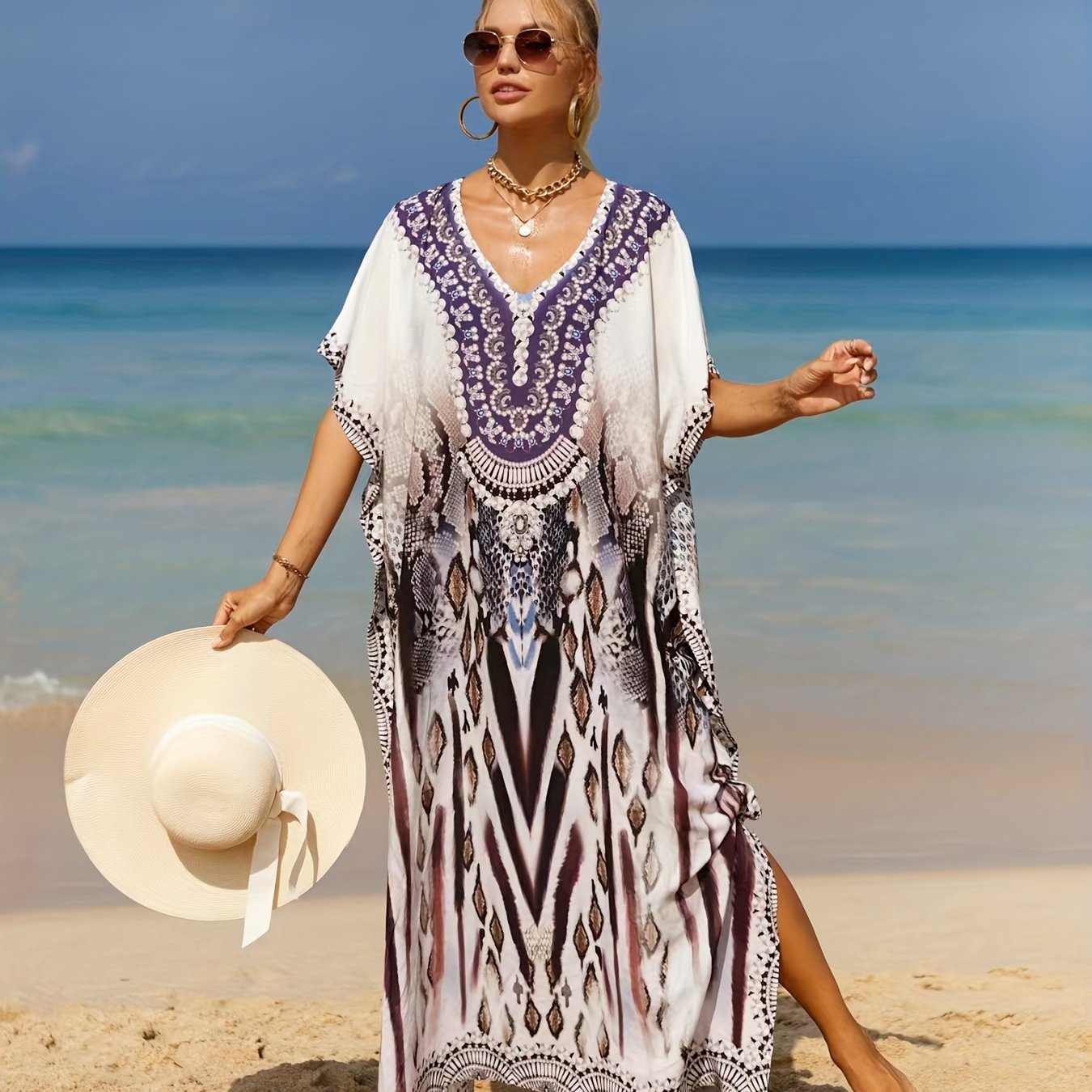  Boho Cover Up Women's Plus Tropical Print Bat Sleeve V Neck