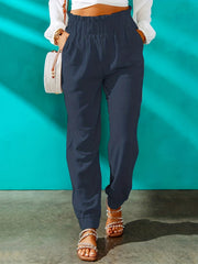 Ruffle Trim Smocked Solid Pants High Waist Elastic Pants