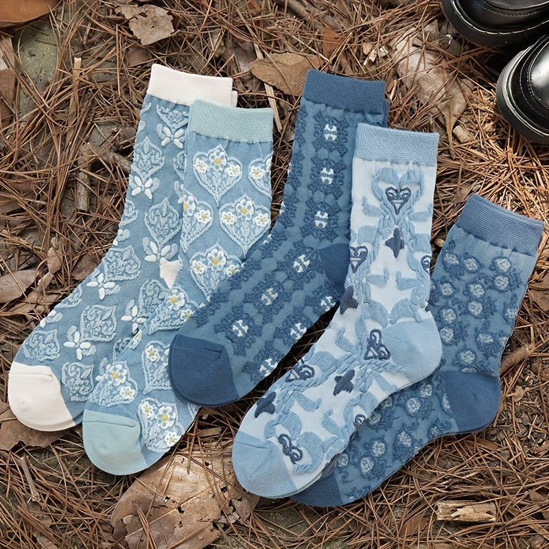 5 Pairs Floral Print Socks Comfy & Soft Mid Tube Socks Women's Stockings