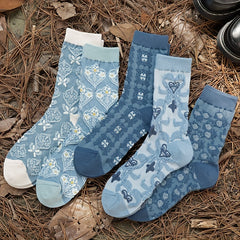 5 Pairs Floral Print Socks Comfy & Soft Mid Tube Socks Women's Stockings