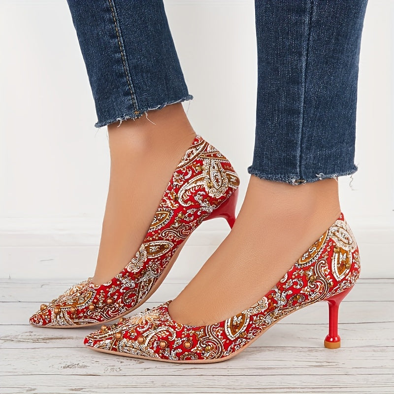 Rhinestone High Heels Paisley Pattern Pointed Toe Stiletto Heels