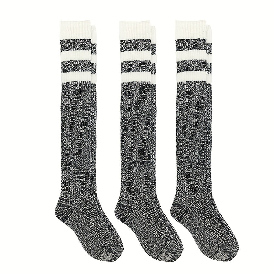 3 Pairs Striped Calf Socks College Style Warm Knee High Socks Women's