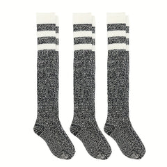 3 Pairs Striped Calf Socks College Style Warm Knee High Socks Women's