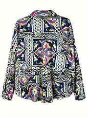  Boho Blouse Women's Plus Scarf Print Long Sleeve Button Up