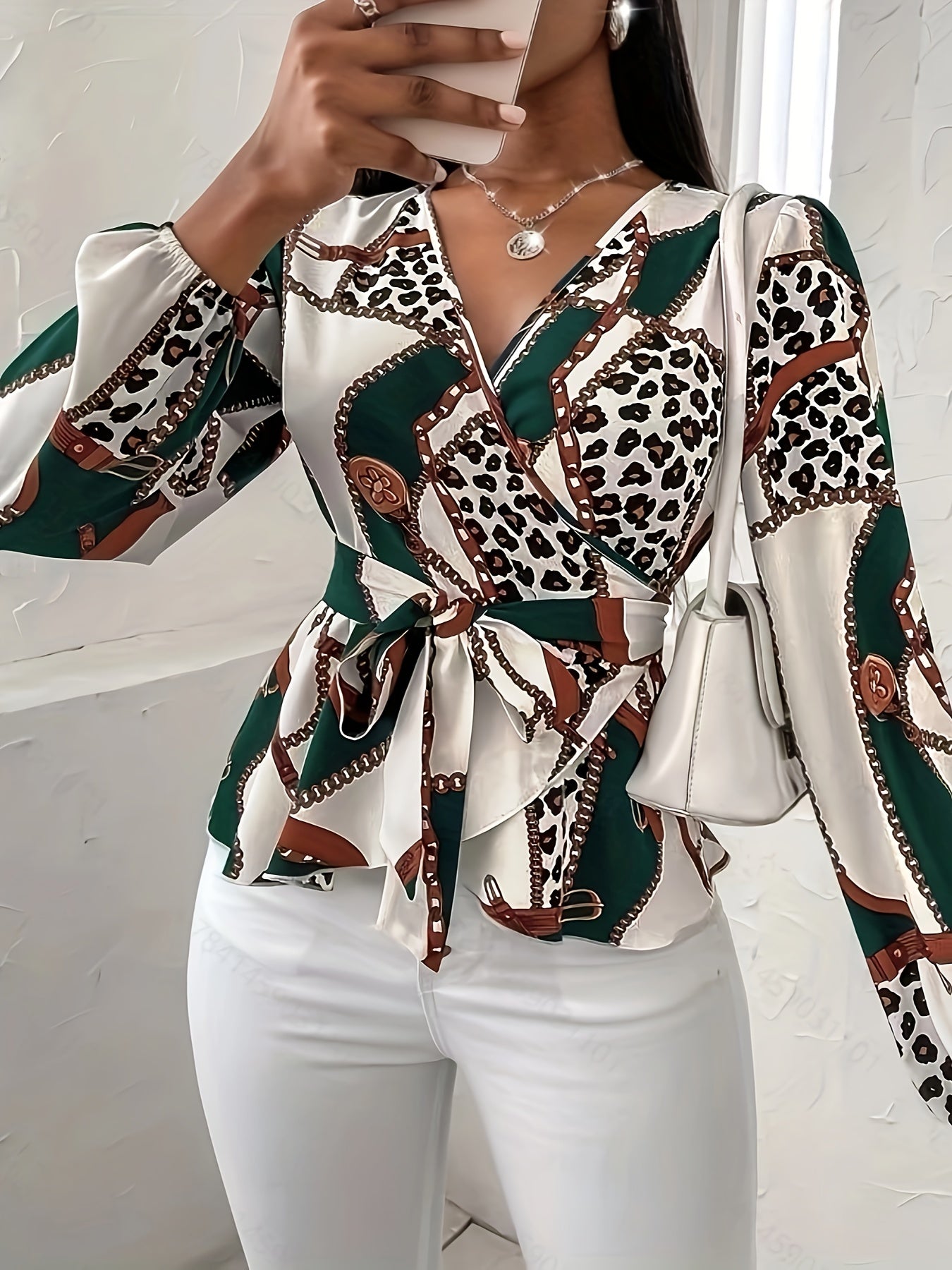  Women's Colorblock Leopard Print Long Sleeve Blouse