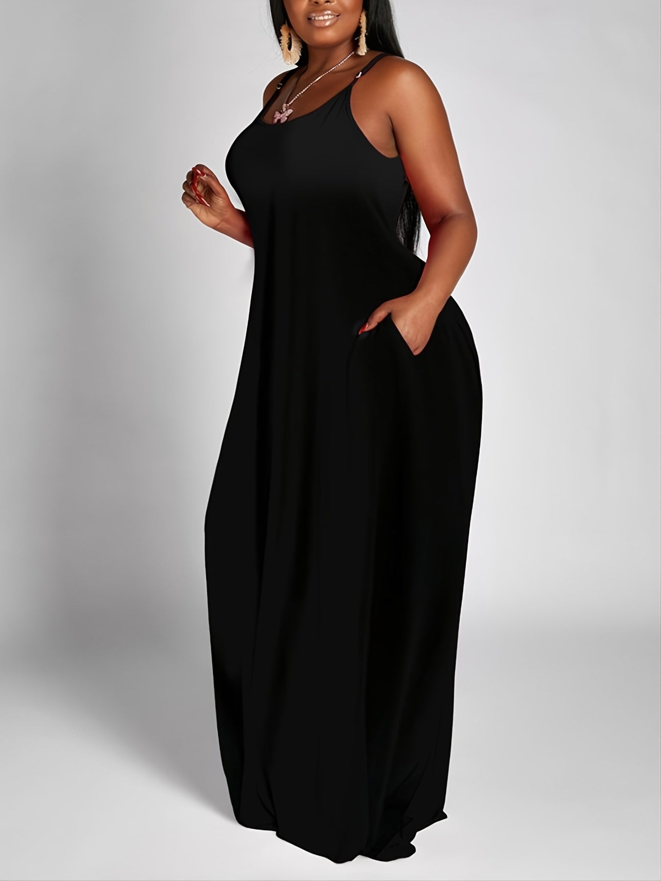  Solid Maxi Dress With Pocket Women's Plus Long Dress