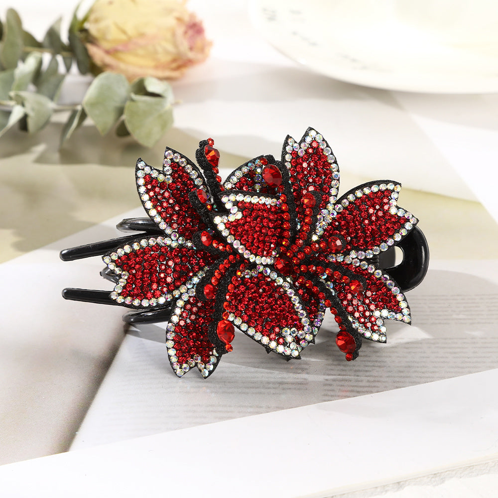 Rhinestone Double Flower Hair Clip Crystal Barrettes Bling Wedding Clips