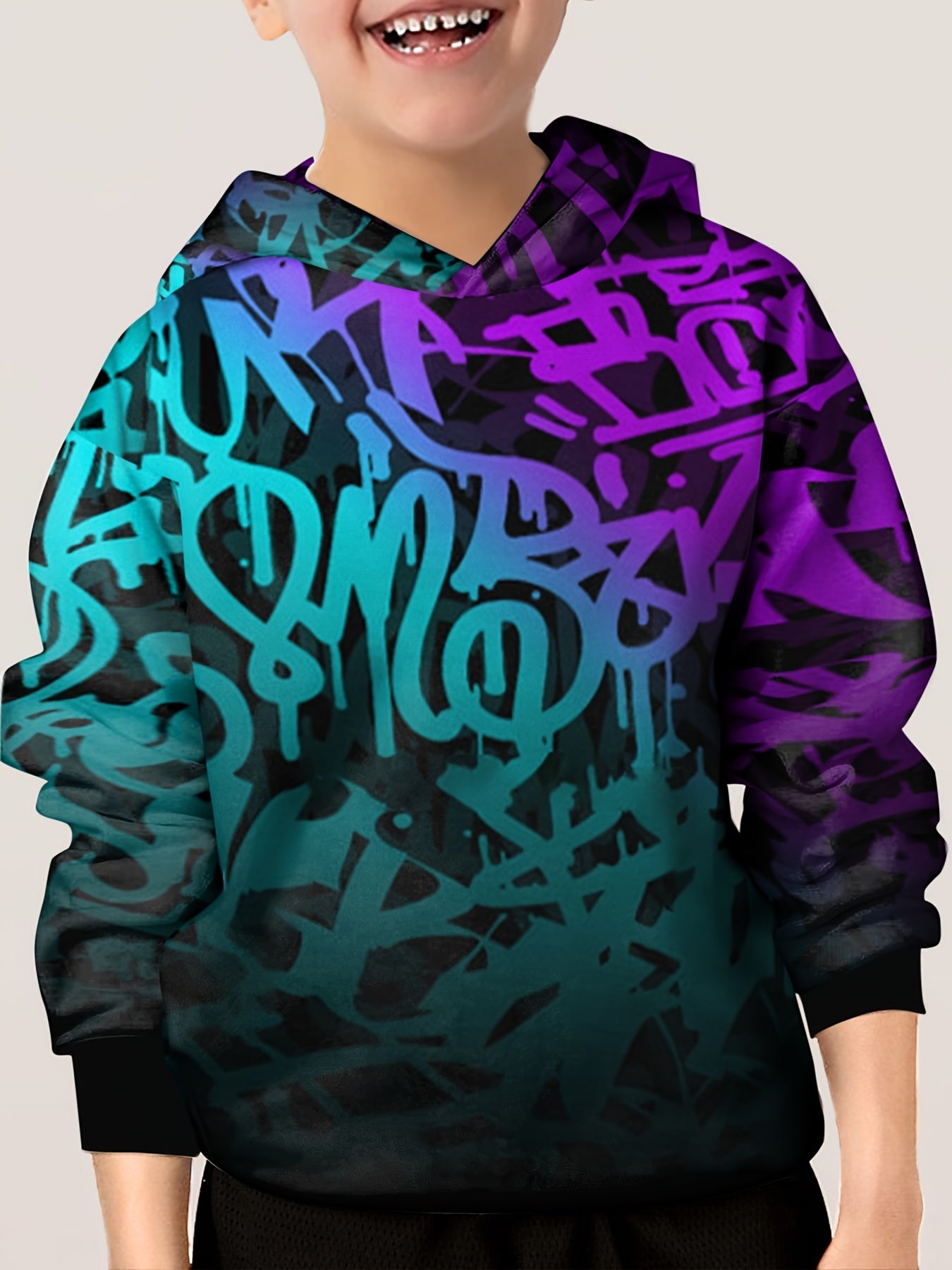 Purple Letter Print Kid's Hoodie Unisex Pullover Casual Hooded Top