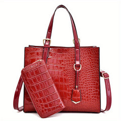 Crocodile Embossed Handbag With Pouch Large Tote Bag PU Leather Crossbody Bag