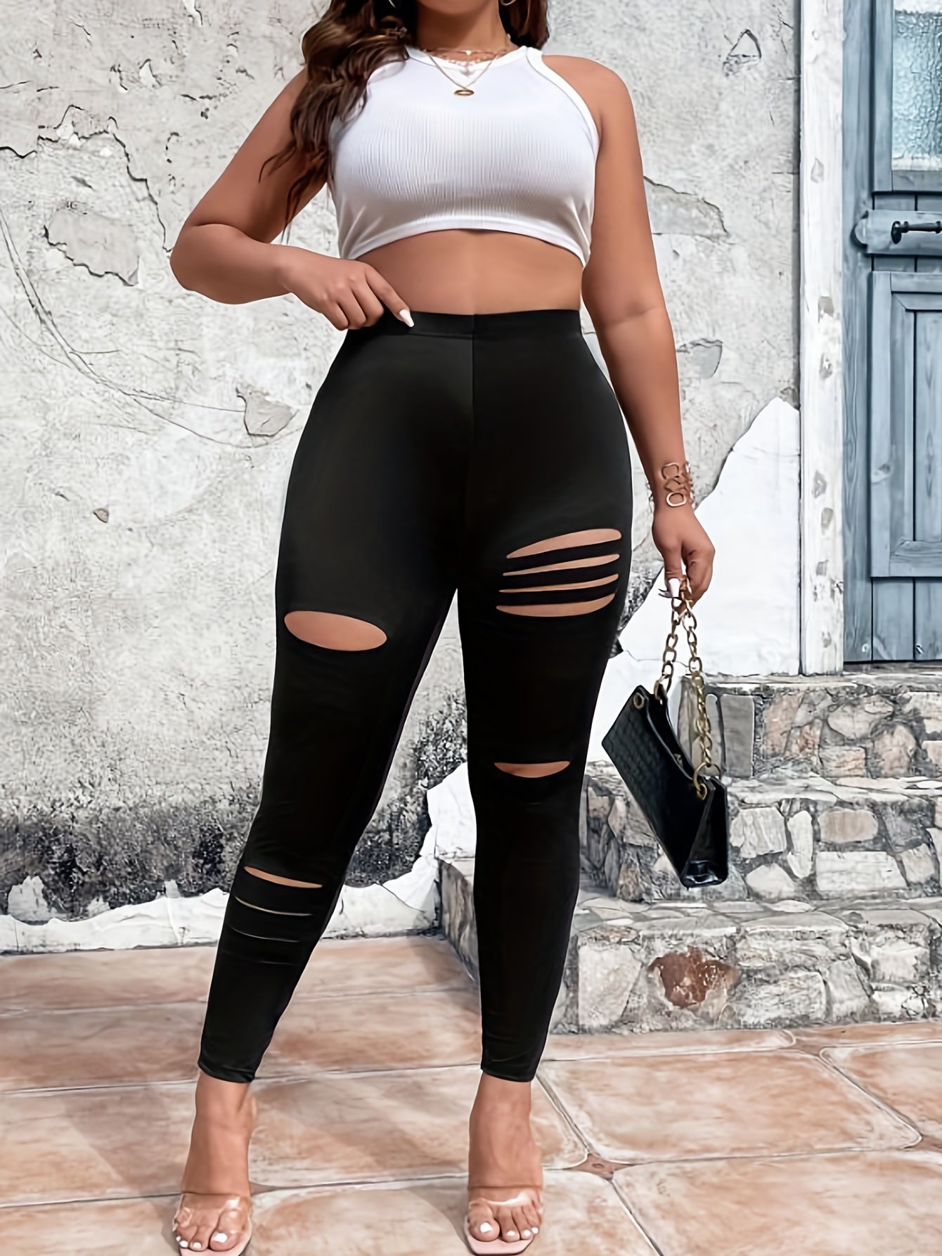  High Rise Ripped Leggings for Women