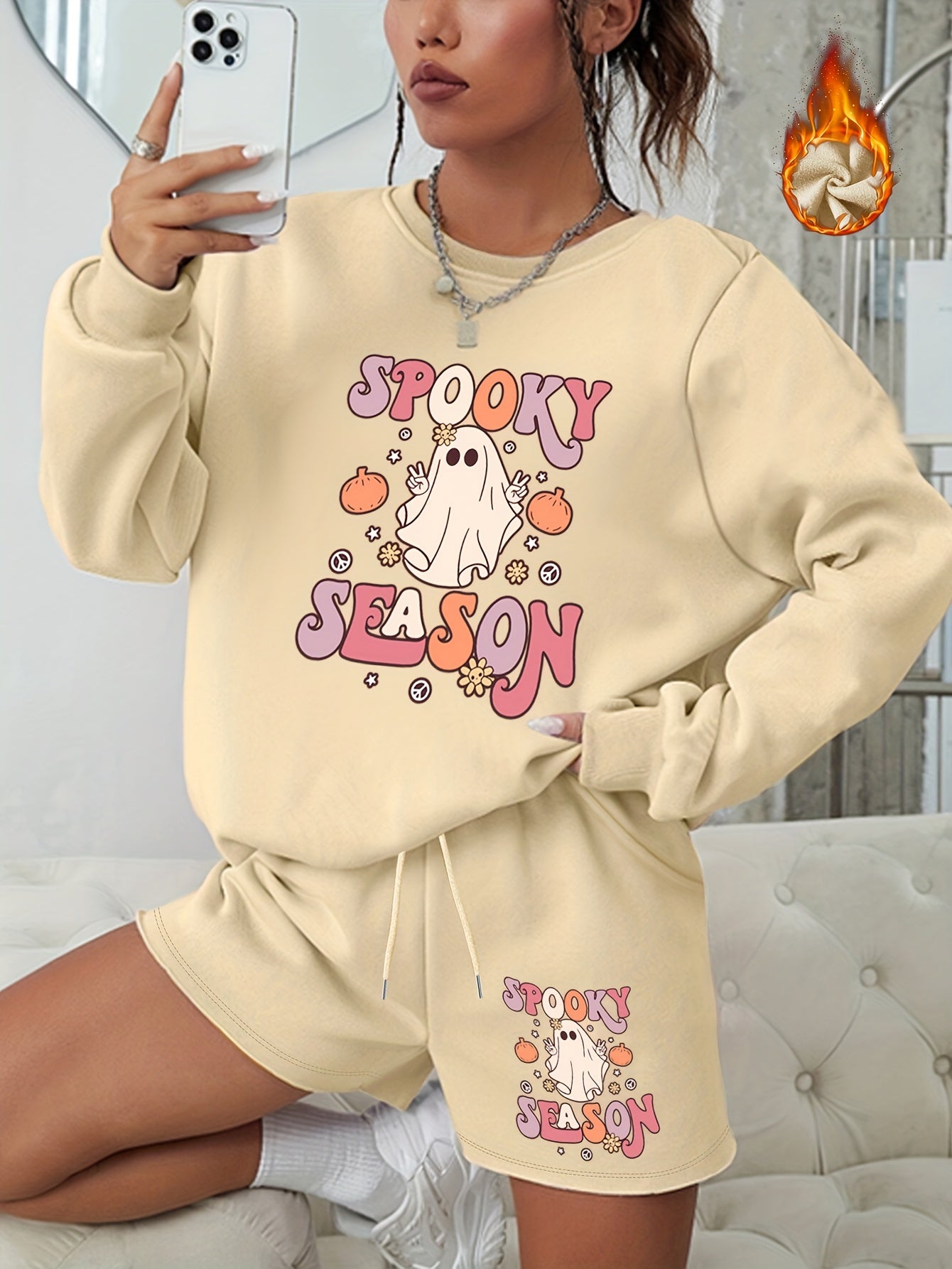  Halloween Graphic Print Sweatshirt & Shorts 2pcs Set