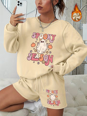  Halloween Graphic Print Sweatshirt & Shorts 2pcs Set