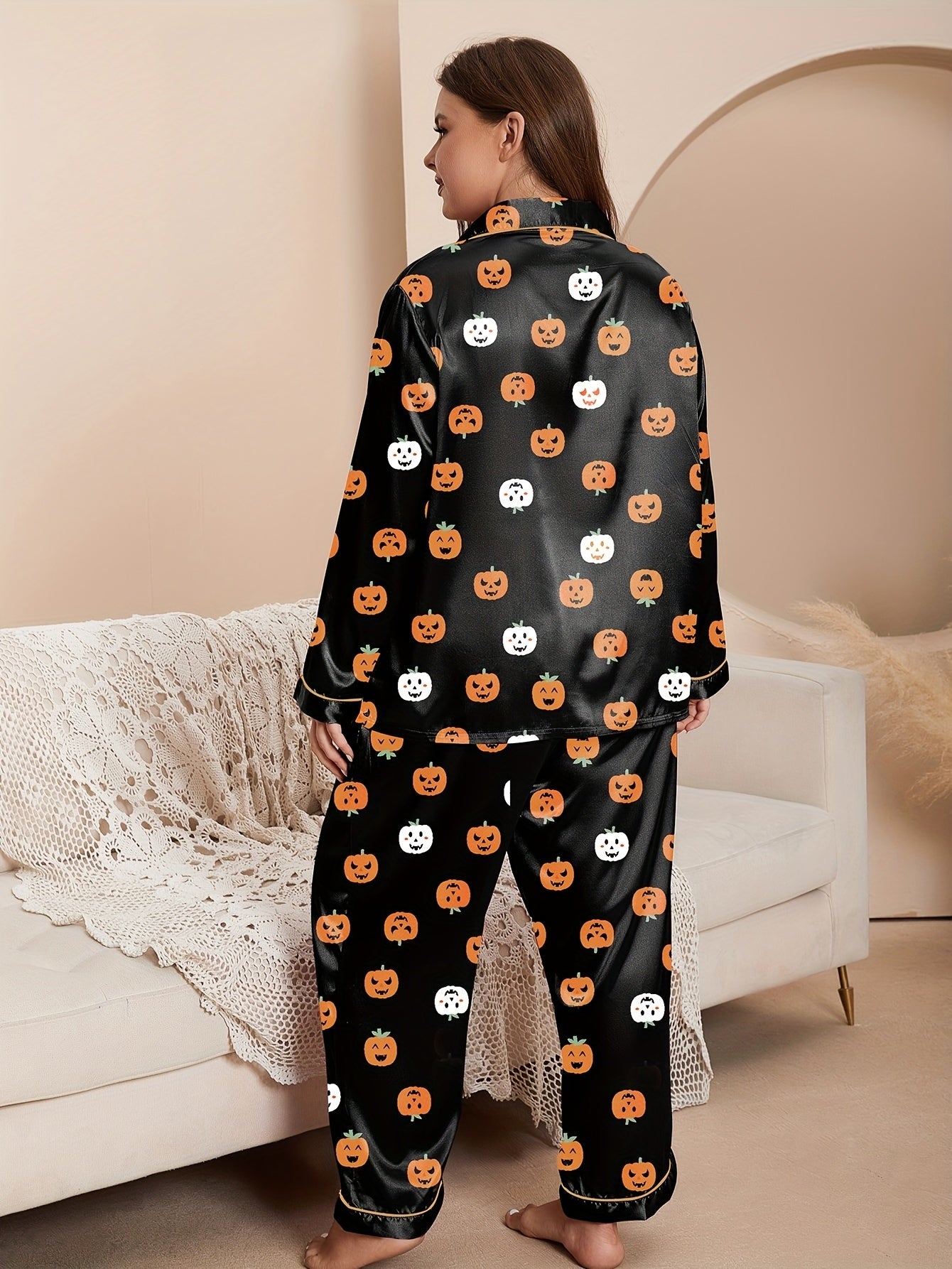  Halloween Party Pajamas Set Pumpkin Print Satin Shirt & Pants