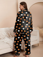  Halloween Party Pajamas Set Pumpkin Print Satin Shirt & Pants
