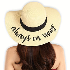 Always On Vacay Sun Hat Classic Letter Embroidery Wide Brim Straw Hat