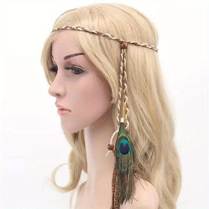 Boho Peacock Feather Headband Hair Rope
