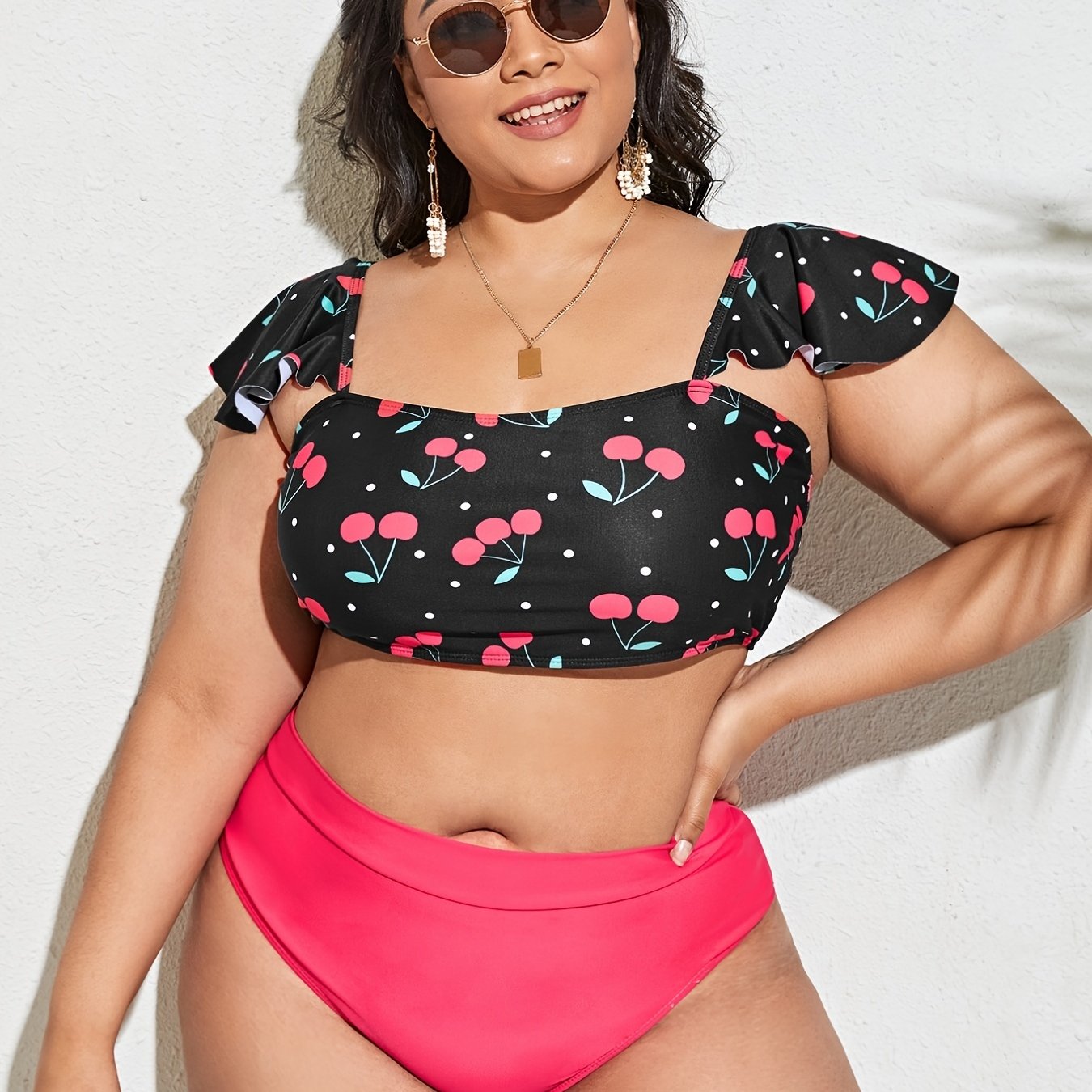  Colorblock Cherry Print Ruffle Sleeve Bikini Set