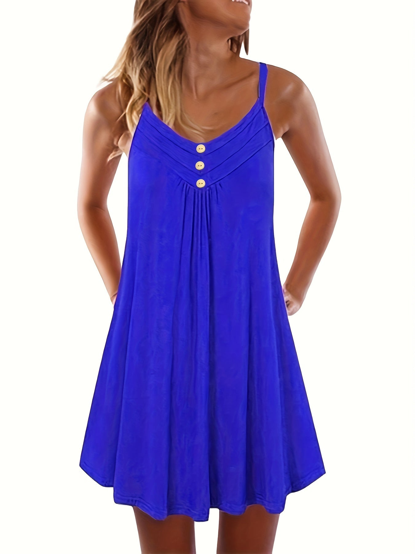  Solid Button Decor Ruched V Neck Midi Summer Dress