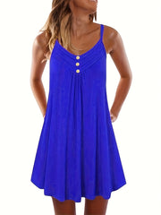  Solid Button Decor Ruched V Neck Midi Summer Dress