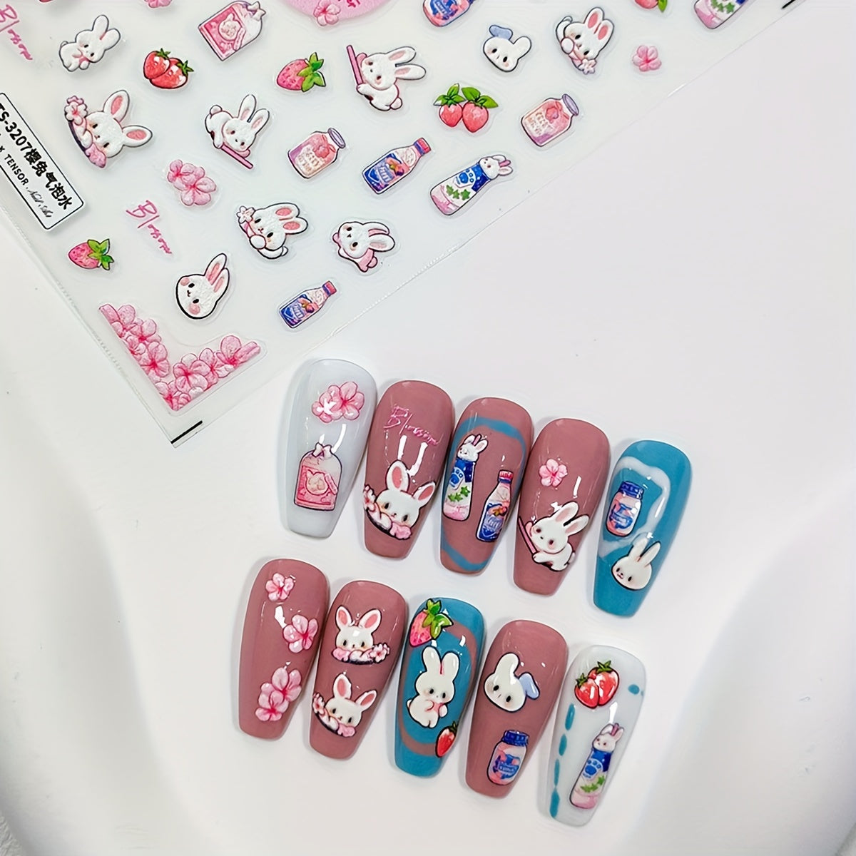 5D Embossed Rabbit Peach Nail Sticker Sakura Rabbit Bubble Water Nail Art