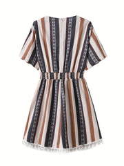 Women's Stripe Print Shirred Waist Tassel Trim Romper