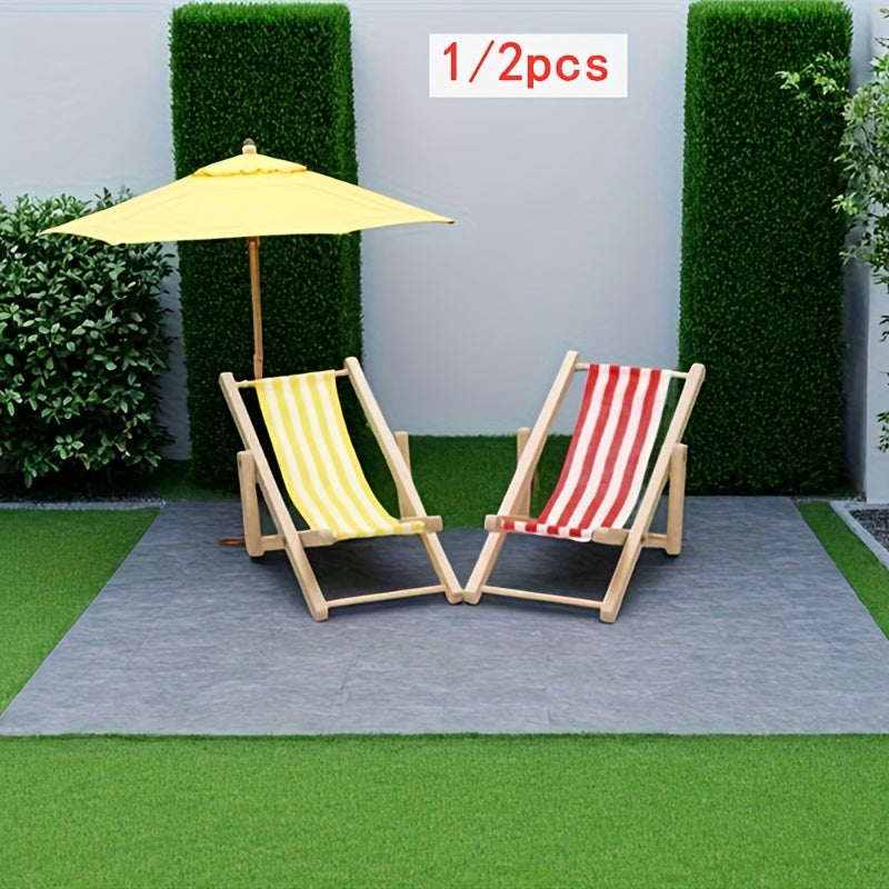 1:12 Scale Wooden Beach Chair w/ Striped Cushions, Foldable Longue Deck Chair
