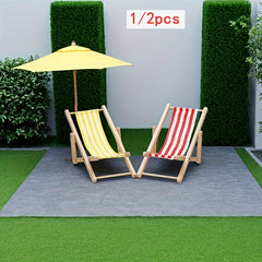 1:12 Scale Wooden Beach Chair w/ Striped Cushions, Foldable Longue Deck Chair