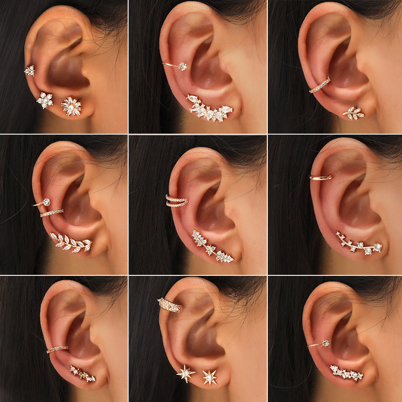 Star Leaf Flower Pearl Zircon Stud Earrings for One Ear
