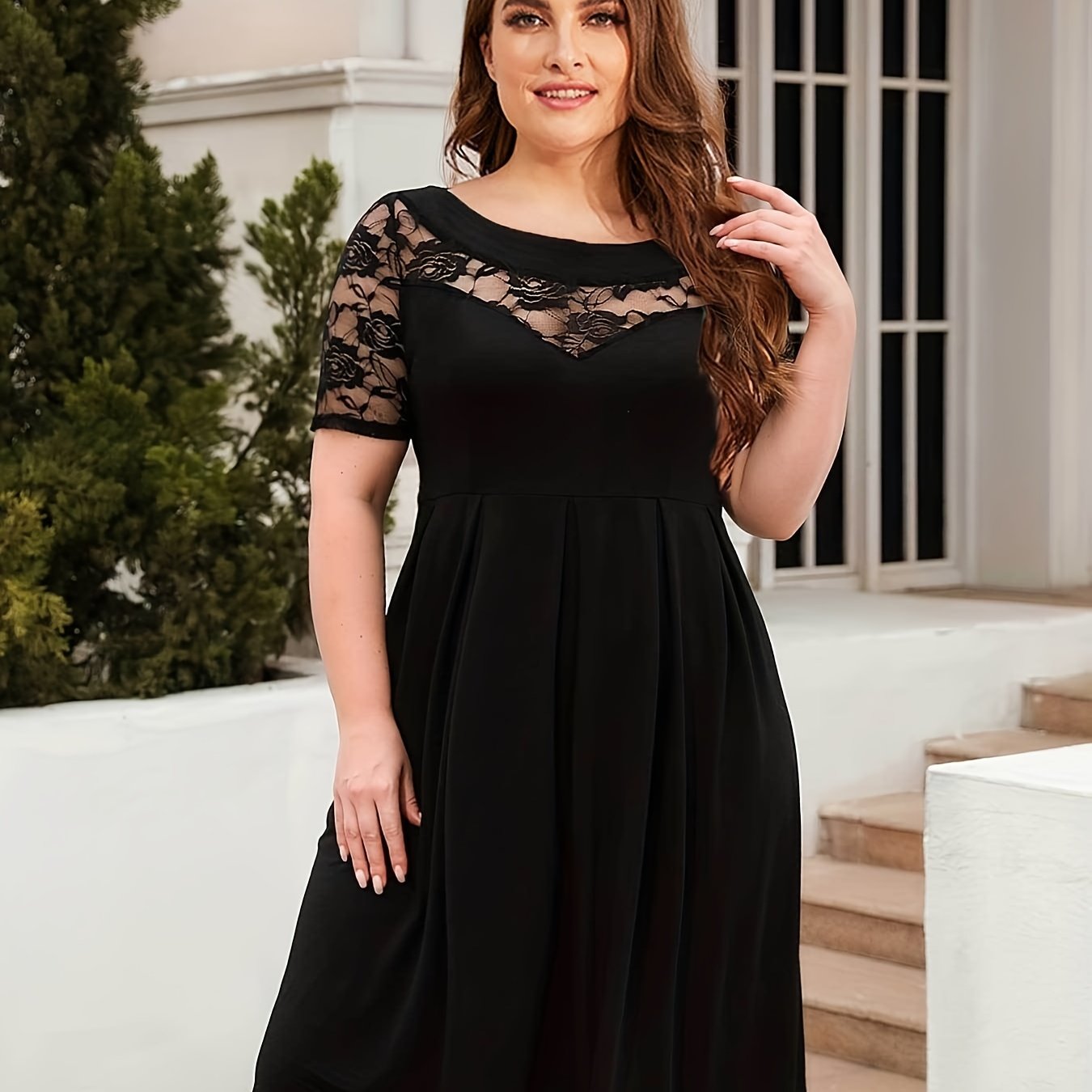  Floral Jacquard Lace Sleeve Dress