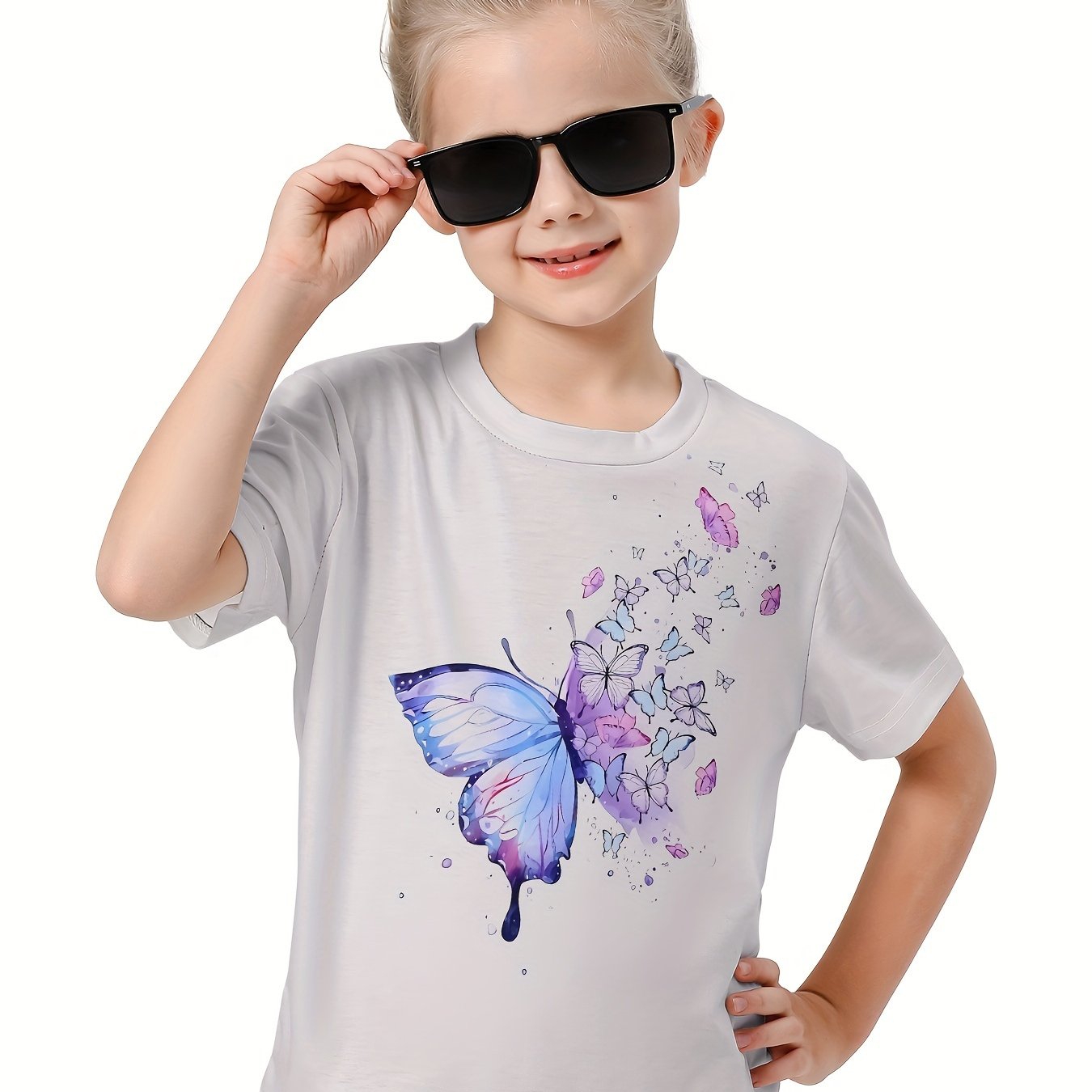 3D Butterfly Graphic Crew Neck Short Sleeve T shirt Girls Casual Pullover Tops