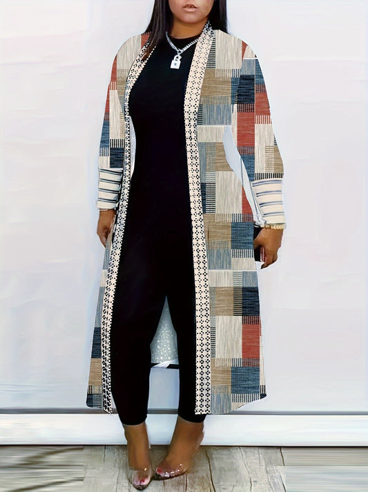  Colorblock Geometric Print Open Front Cardigan