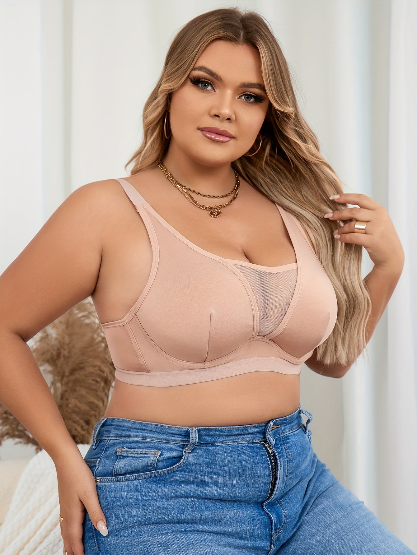  Bra Women's Plus Contrast Mesh Full Cover Bralette