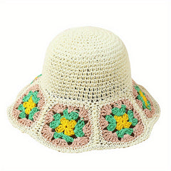 Vintage Rainbow Flower Bucket Hat Hand Crochet Foldable Straw Beach Hats