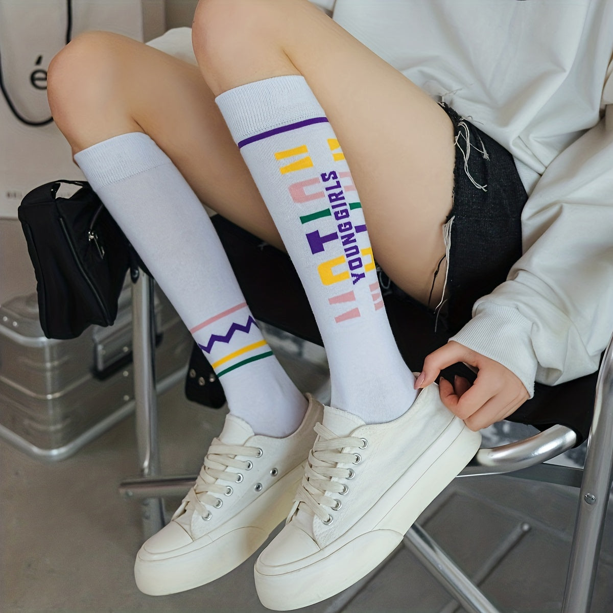 4 Pairs Letter Print Calf Socks Sports Knee High Stockings
