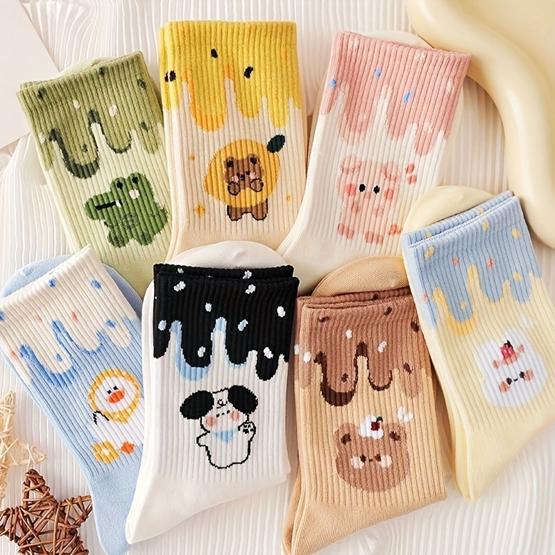 7 Pairs Cartoon Print Socks Women's Mid Tube Stockings