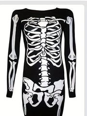  Skeleton Print Long Sleeve Bodycon Midi Dress