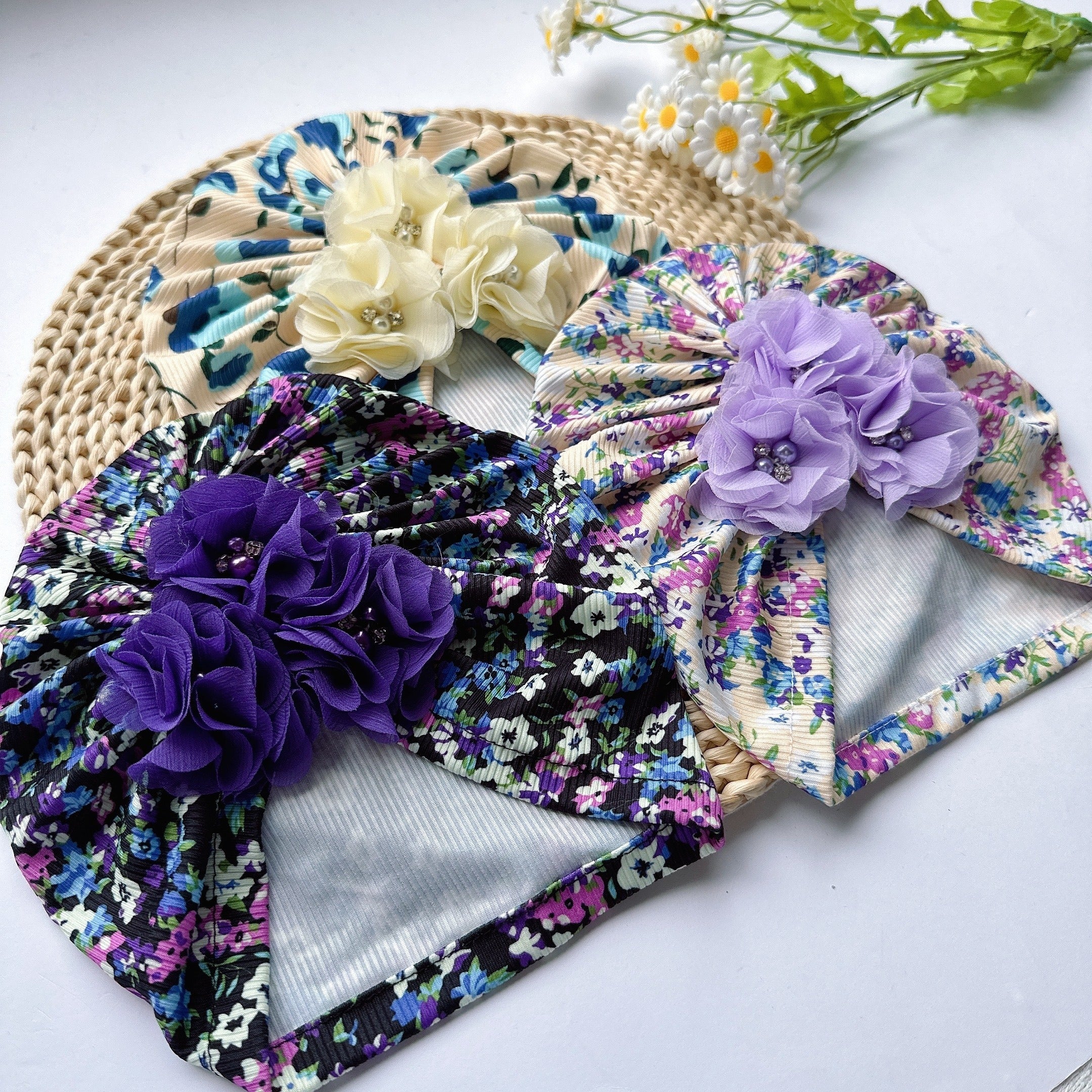 Soft Elastic Cap Baby Flower Printed Cap For Newborn Kids