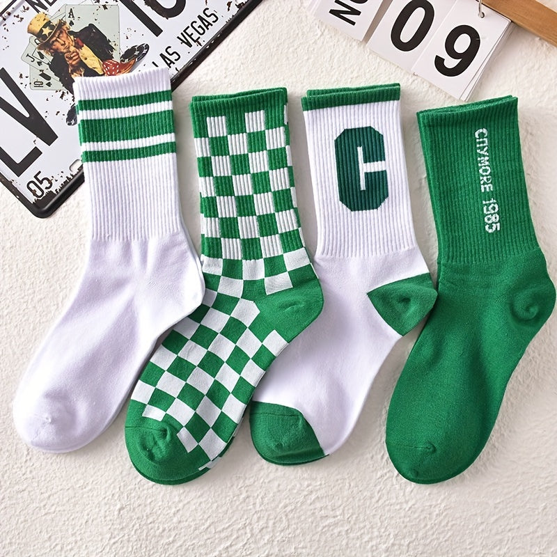 4 Pairs Letter Print Striped Socks Women's Mid Tube Stockings