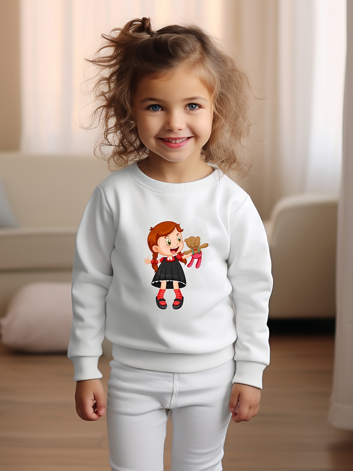 Anime Girl & Bear Doll Print Girls Sweatshirt Long Sleeve Crew Neck Tops