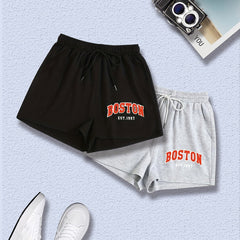 2 Pack Plus Size Casual Shorts Set Women's Plus Letter Print