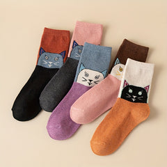 Cartoon Cat Print Socks Colorblock Women's Stockings