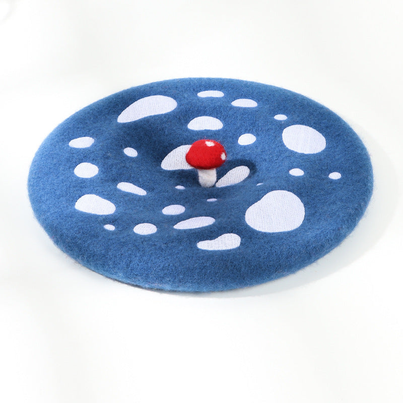 Women's Woolen Mushroom Beret Hat Embroidered Painter Hat