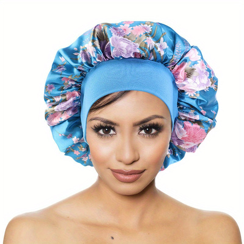 Floral Print Satin Bonnet for Women Elastic Hair Bonnet Cap