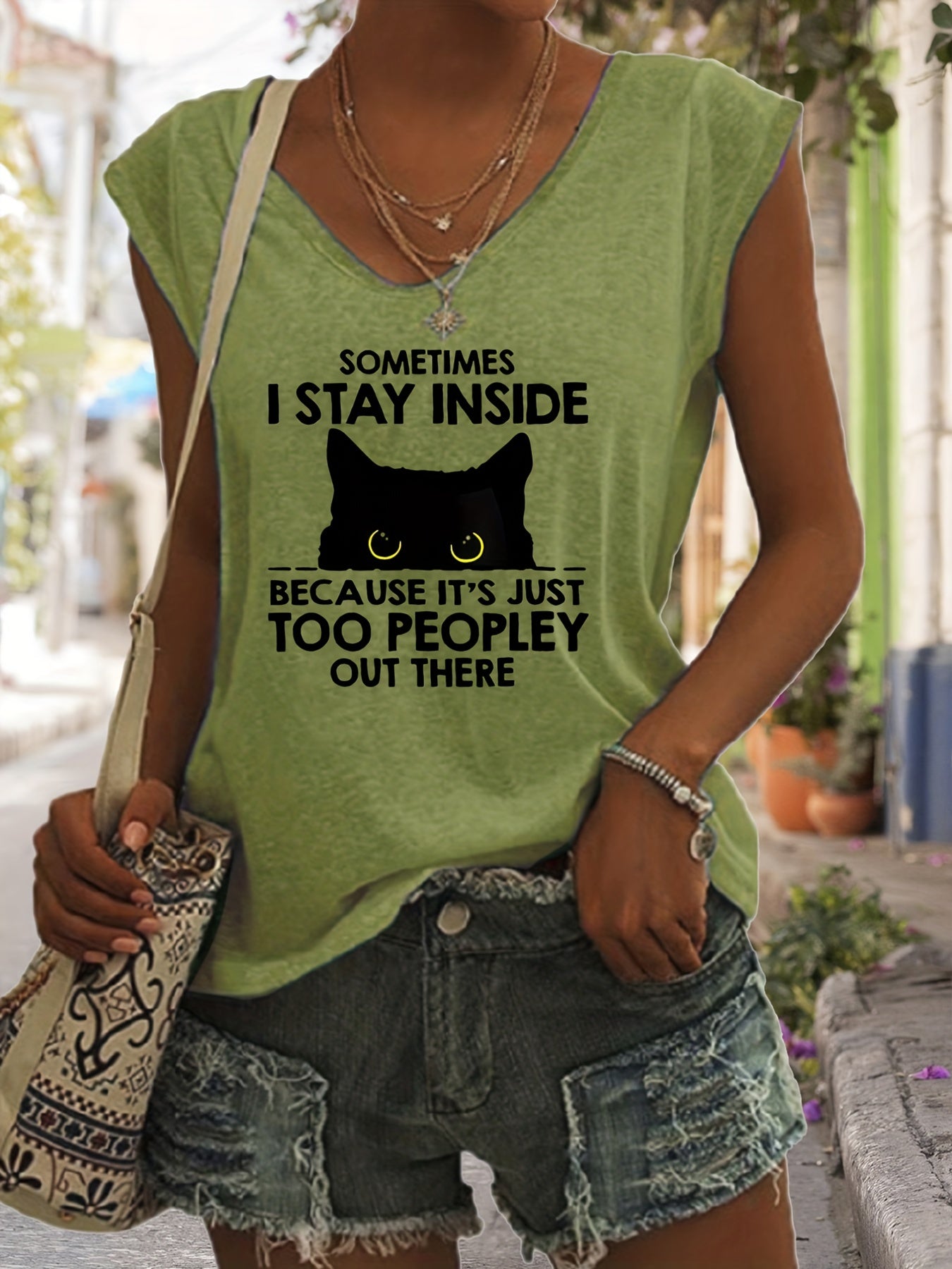 Cartoon Cat Print Tank Top V Neck Casual Top for Women