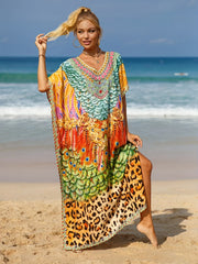 Animal Print V Neck Maxi Cover Up