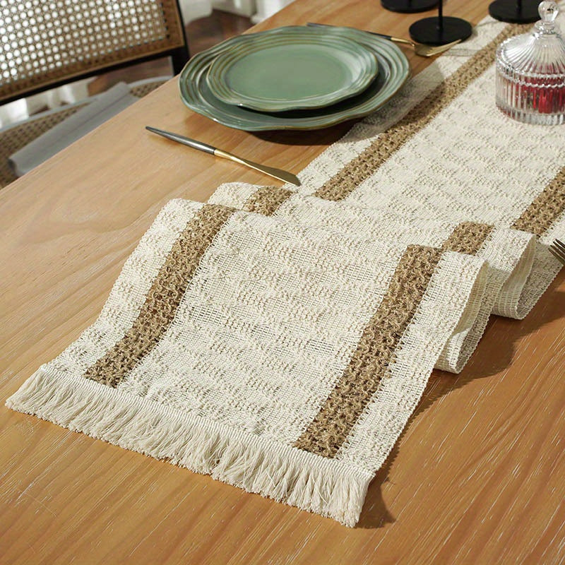 Bohemian Linen Thread Woven Crochet Table Runner with Tassels