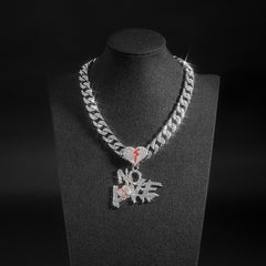Silver Cuban Link Pendant Chain with Rhinestones