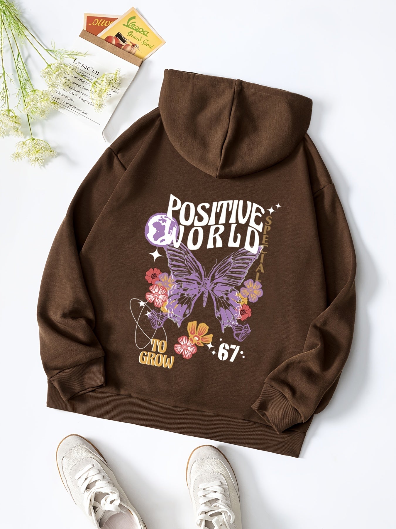 Butterfly & Flower Print Hoodie Sweatshirt Women's Casual Sports Top
